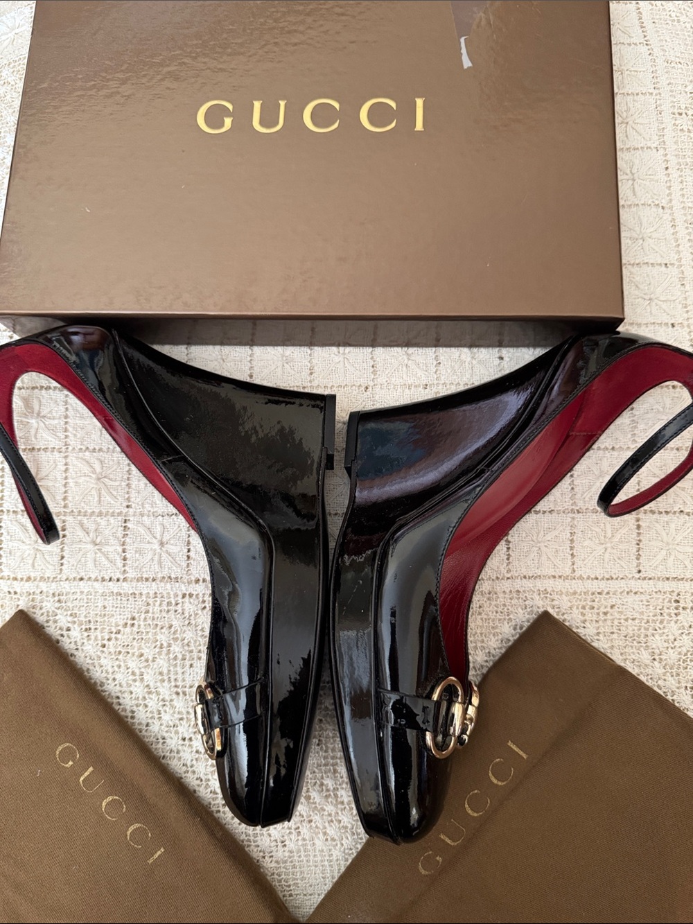 Gucci NIB black patent platform wedges with signature brass horsebit accent. - Picture 3 of 5